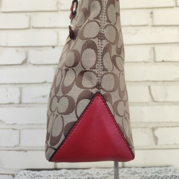 Like New Coach City Signature Khaki & Red Leather Shoulder Bag Purse Satchel - Picture 5 of 15